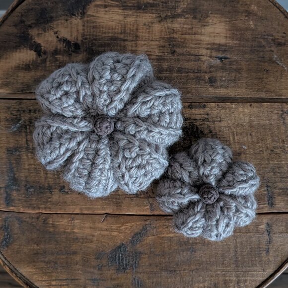 Crochet Fall Pumpkins set of 2 taupe handmade pumpkins - Picture 2 of 12